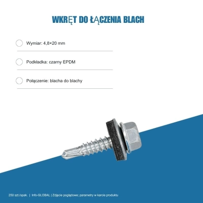 Wkręt zszywka do łączenia blach 4,8x20 mm, łeb 8 mm, ocynk – 250 szt.